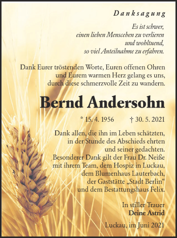 Traueranzeige von Bernd Andersohn von lausitzer_rundschau