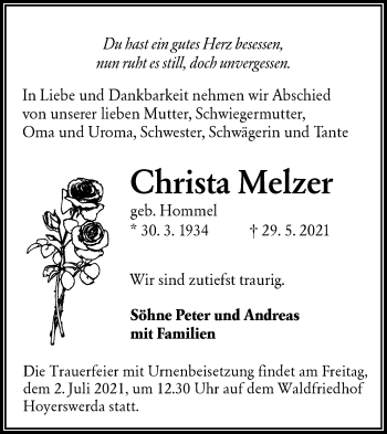 Traueranzeige von Christa Melzer von lausitzer_rundschau
