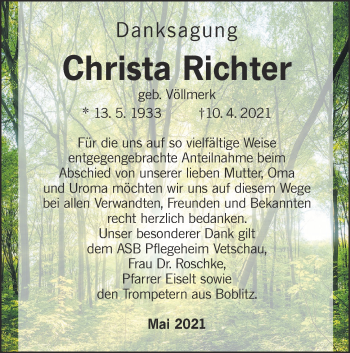 Traueranzeige von Christa Richter von lausitzer_rundschau