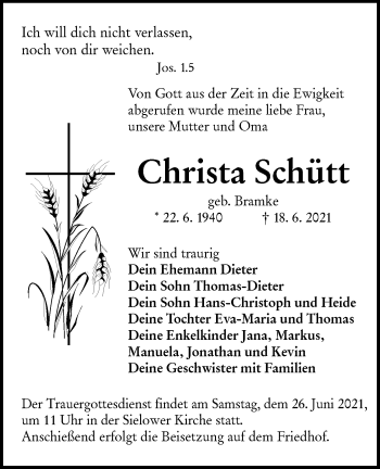 Traueranzeige von Christa Schütt von lausitzer_rundschau