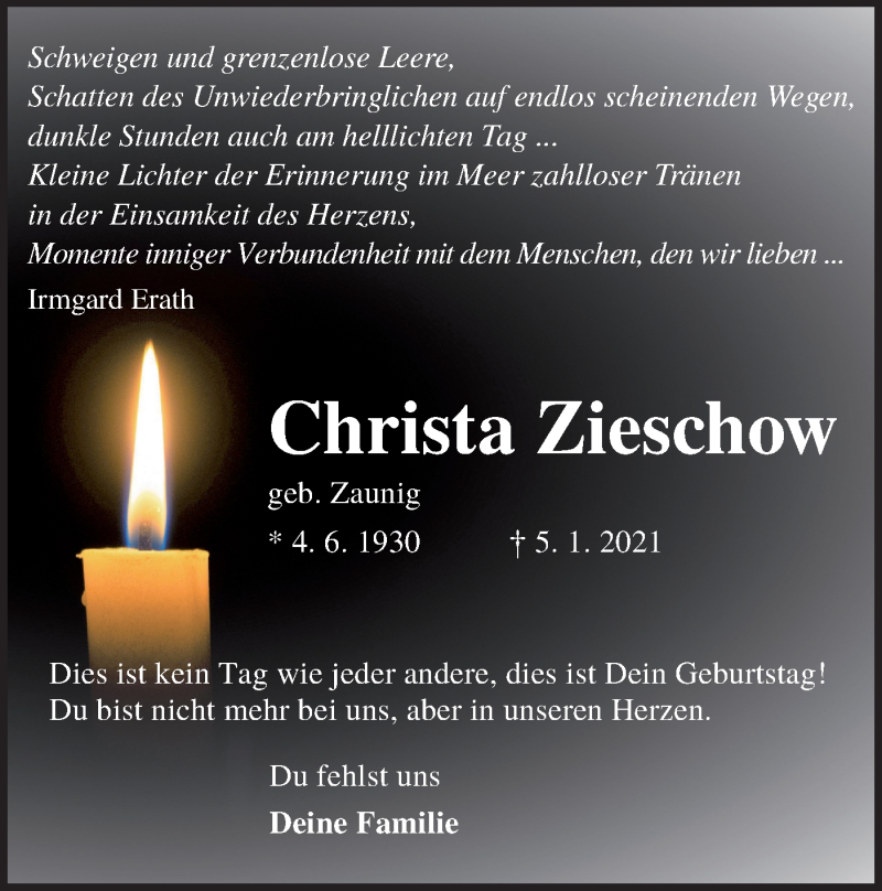  Traueranzeige für Christa Zieschow vom 04.06.2021 aus lausitzer_rundschau