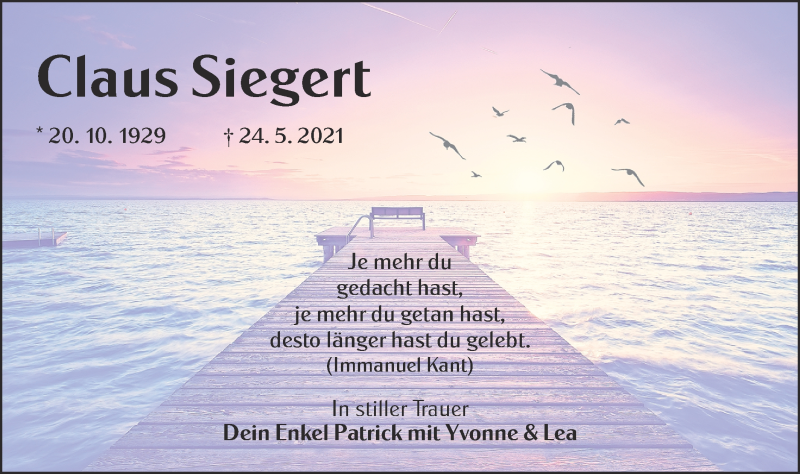  Traueranzeige für Claus Siegert vom 05.06.2021 aus lausitzer_rundschau