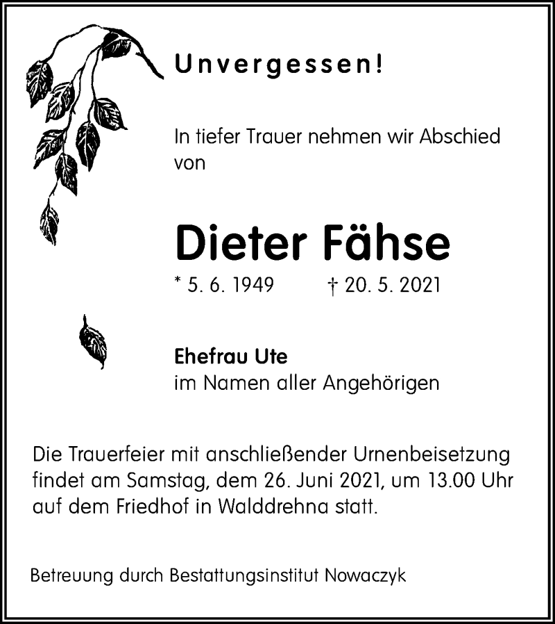  Traueranzeige für Dieter Fähse vom 04.06.2021 aus lausitzer_rundschau