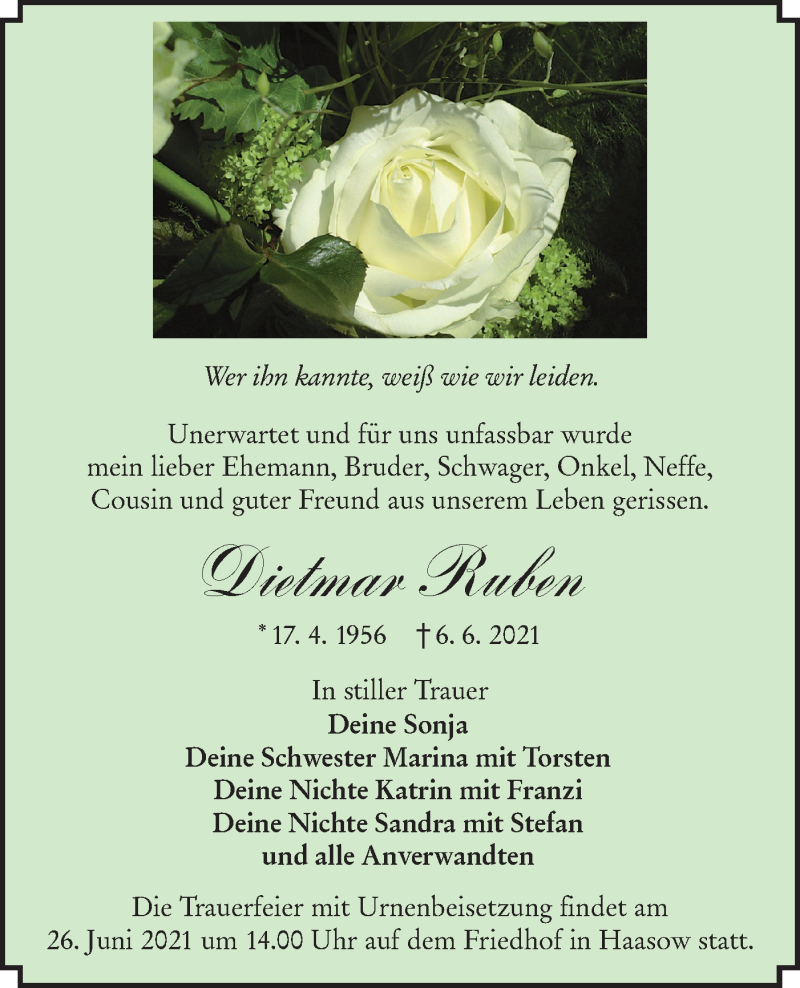  Traueranzeige für Dietmar Ruben vom 19.06.2021 aus lausitzer_rundschau