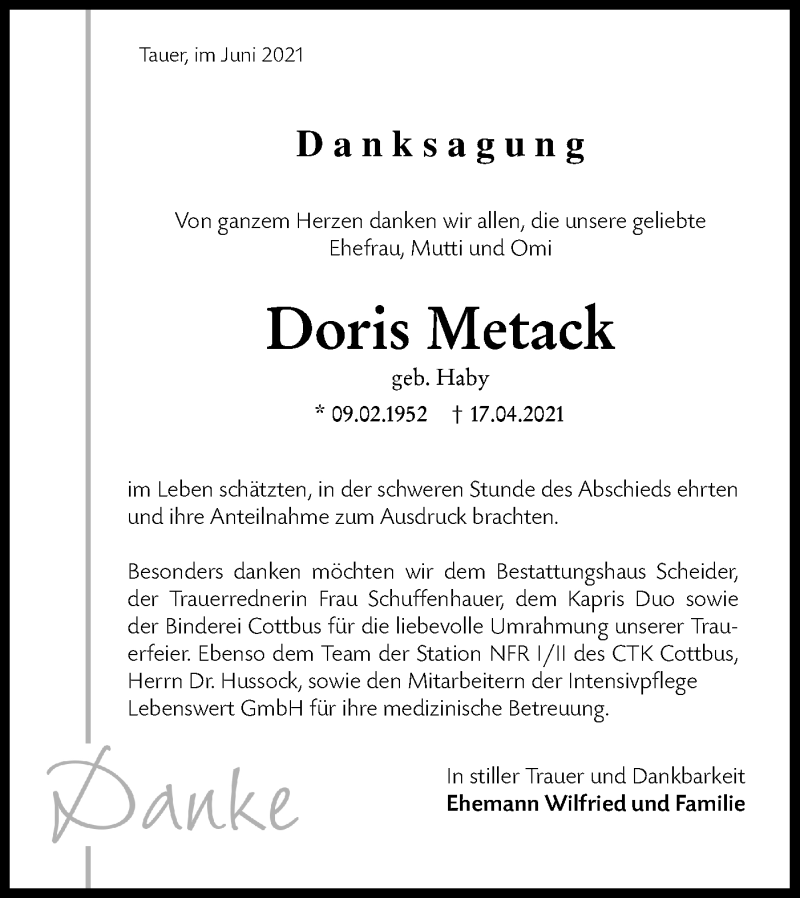  Traueranzeige für Doris Metack vom 05.06.2021 aus lausitzer_rundschau