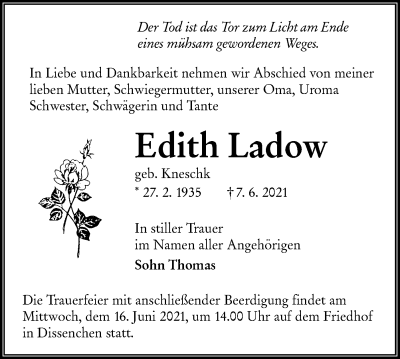  Traueranzeige für Edith Ladow vom 12.06.2021 aus lausitzer_rundschau