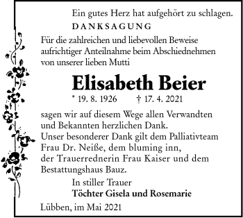 Traueranzeige von Elisabeth Beier von lausitzer_rundschau