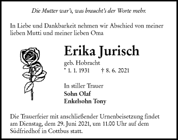 Traueranzeige von Erika Jurisch von lausitzer_rundschau