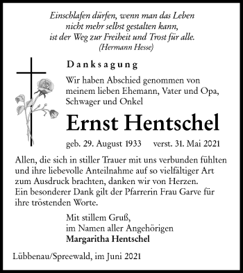 Traueranzeige von Ernst Hentschel von lausitzer_rundschau