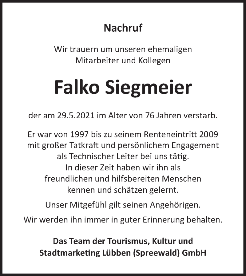  Traueranzeige für Falko Siegmeier vom 19.06.2021 aus lausitzer_rundschau