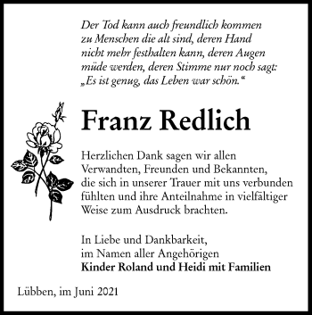 Traueranzeige von Franz Redlich von lausitzer_rundschau