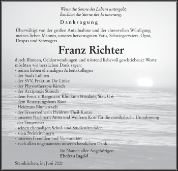 Traueranzeige von Franz Richter von lausitzer_rundschau