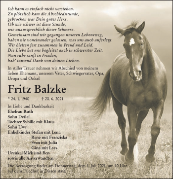 Traueranzeige von Fritz Balzke von lausitzer_rundschau