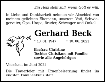 Traueranzeige von Gerhard Beck von lausitzer_rundschau