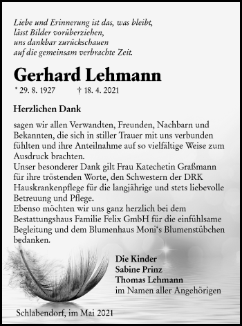 Traueranzeige von Gerhard Lehmann von lausitzer_rundschau