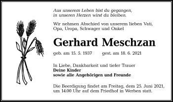 Traueranzeige von Gerhard Meschzan von lausitzer_rundschau