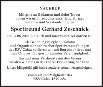 Traueranzeige von Gerhard Zeschnick von lausitzer_rundschau