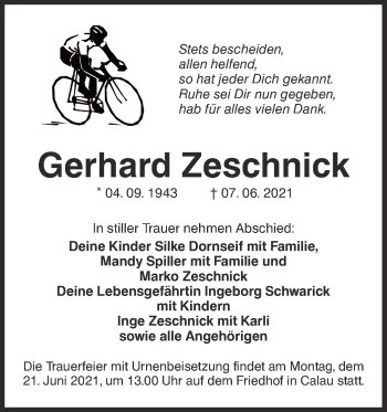 Traueranzeige von Gerhard Zeschnick von lausitzer_rundschau