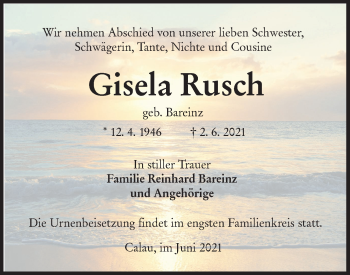 Traueranzeige von Gisela Rusch von lausitzer_rundschau