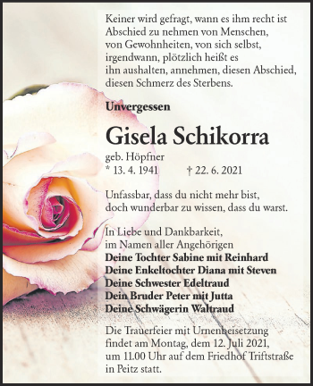 Traueranzeige von Gisela Schikorra von lausitzer_rundschau
