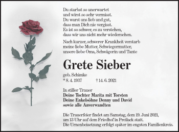 Traueranzeige von Grete Sieber von lausitzer_rundschau