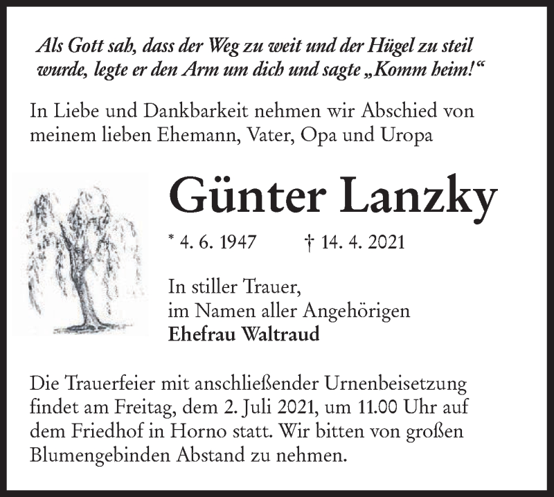  Traueranzeige für Günter Lanzky vom 26.06.2021 aus lausitzer_rundschau