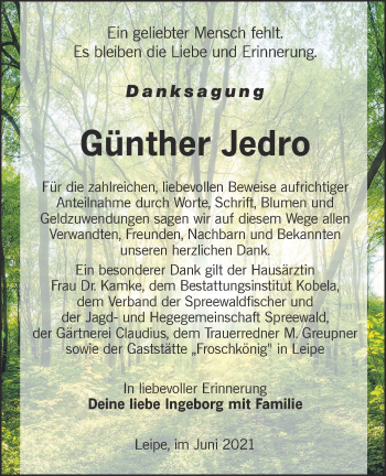 Traueranzeige von Günther Jedro von lausitzer_rundschau