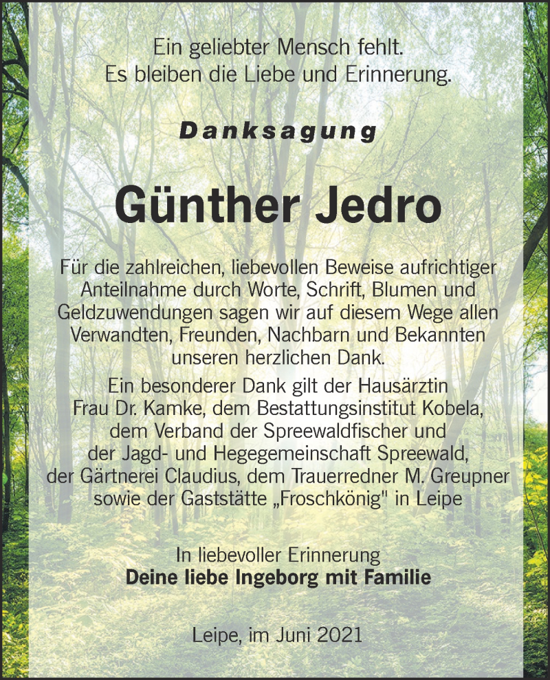  Traueranzeige für Günther Jedro vom 26.06.2021 aus lausitzer_rundschau