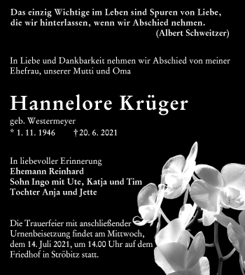 Traueranzeige von Hannelore Krüger von lausitzer_rundschau