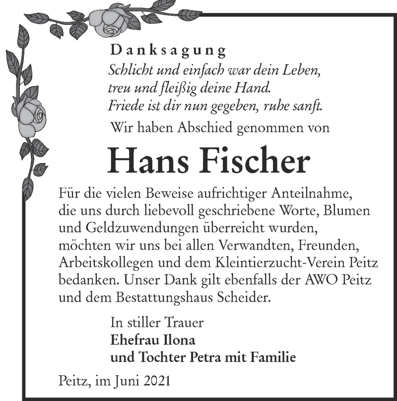  Traueranzeige für Hans Fischer vom 26.06.2021 aus lausitzer_rundschau