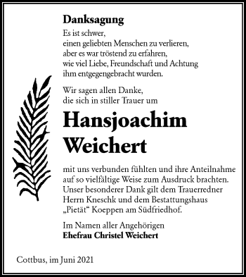 Traueranzeige von Hansjoachim Weichert von lausitzer_rundschau