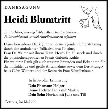 Traueranzeige von Heidi Blumtritt von lausitzer_rundschau