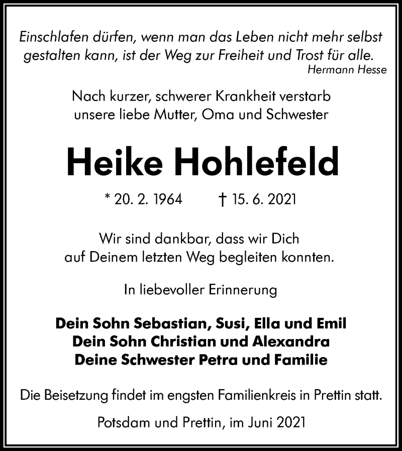  Traueranzeige für Heike Hohlefeld vom 26.06.2021 aus lausitzer_rundschau