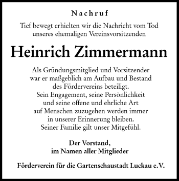 Traueranzeige von Heinrich Zimmermann von lausitzer_rundschau