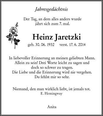 Traueranzeige von Heinz Jaretzki von lausitzer_rundschau