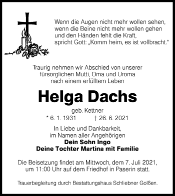 Traueranzeige von Helga Dachs von lausitzer_rundschau