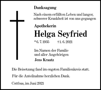 Traueranzeige von Helga Seyfried von lausitzer_rundschau