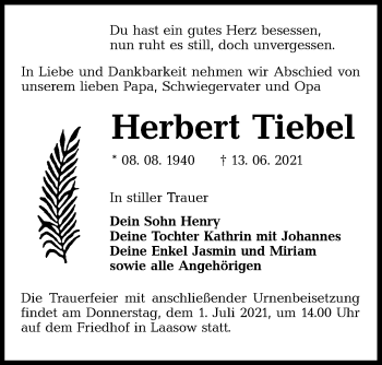 Traueranzeige von Herbert Tiebel von lausitzer_rundschau