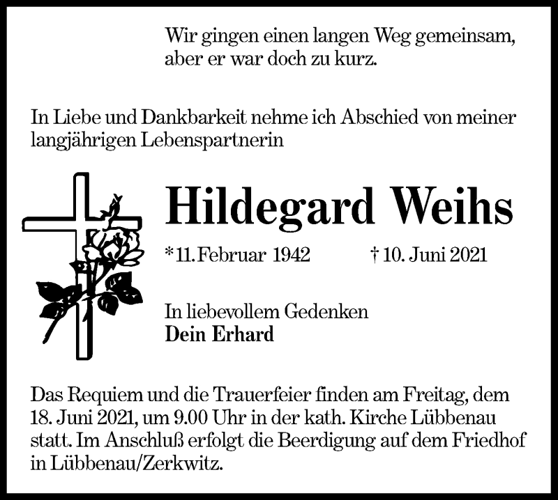  Traueranzeige für Hildegard Weihs vom 16.06.2021 aus lausitzer_rundschau