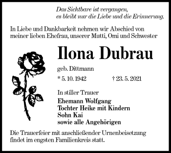 Traueranzeige von Ilona Dubrau von lausitzer_rundschau
