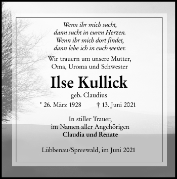 Traueranzeige von Ilse Kullick von lausitzer_rundschau