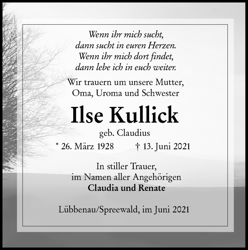 Traueranzeige für Ilse Kullick vom 19.06.2021 aus lausitzer_rundschau