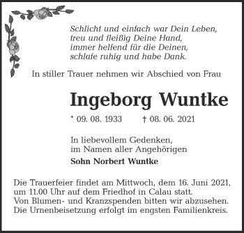 Traueranzeige von Ingeborg Wuntke von lausitzer_rundschau