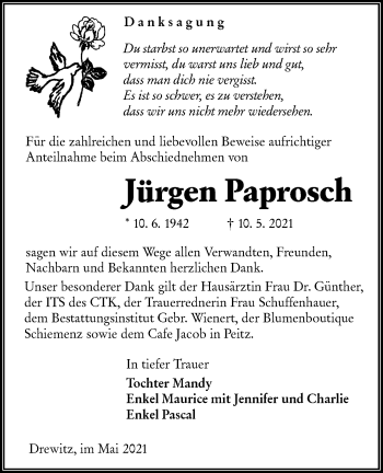 Traueranzeige von Jürgen Paprosch von lausitzer_rundschau