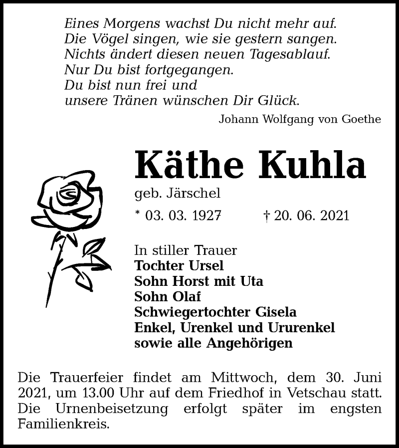  Traueranzeige für Käthe Kuhla vom 26.06.2021 aus lausitzer_rundschau
