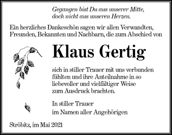 Traueranzeige von Klaus Gertig von lausitzer_rundschau