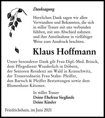 Traueranzeige von Klaus Hoffmann von lausitzer_rundschau