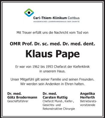 Traueranzeige von Klaus Pape von lausitzer_rundschau