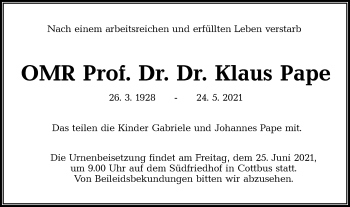 Traueranzeige von Klaus Pape von lausitzer_rundschau