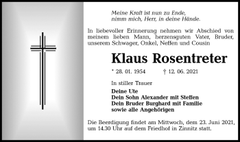 Traueranzeige von Klaus Rosentreter von lausitzer_rundschau